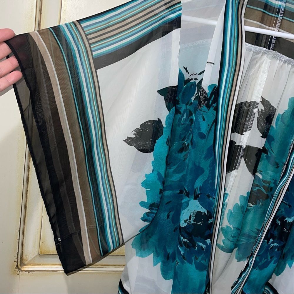New Directions Sheer Teal, Black, Tan & Cream Floral Open Shawl - Size Small - Picture 3 of 5